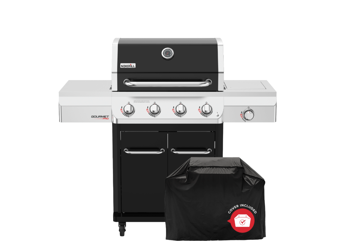 Gourmet Pro 4-Burner Gas Grill with Side Burner in Black with Cover|NX