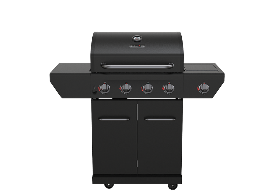4 Burner Liquid Propane Gas Grill with Side Burner and Charcoal Tray in Black