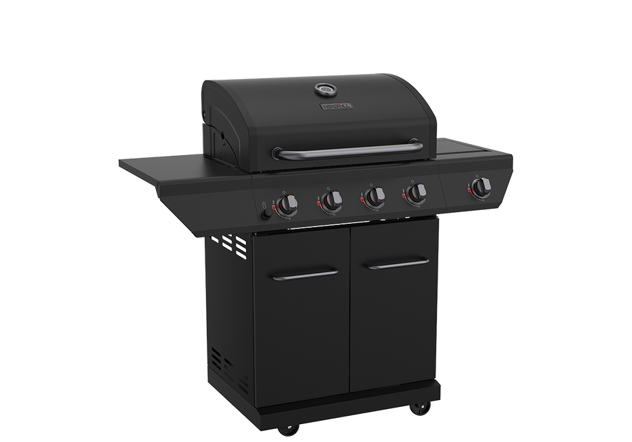 4 Burner Liquid Propane Gas Grill with Side Burner and Charcoal Tray in Black
