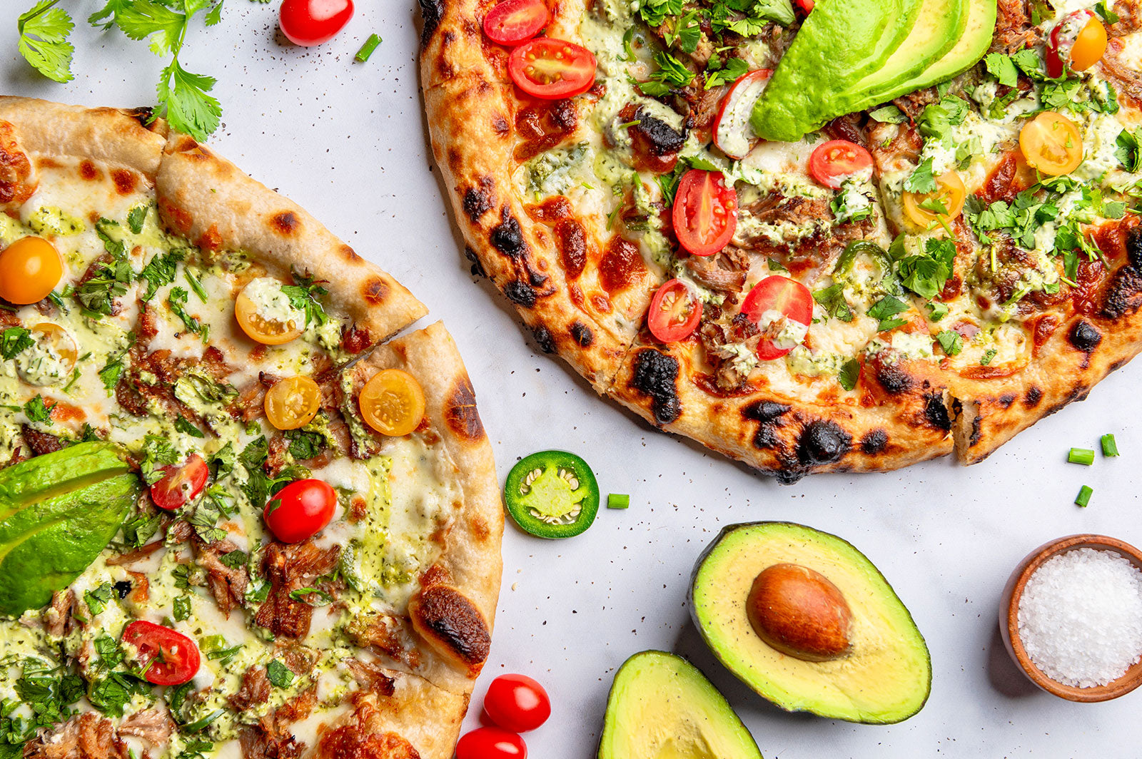 Carnitas Pizza with Avocado Cilantro Sauce
