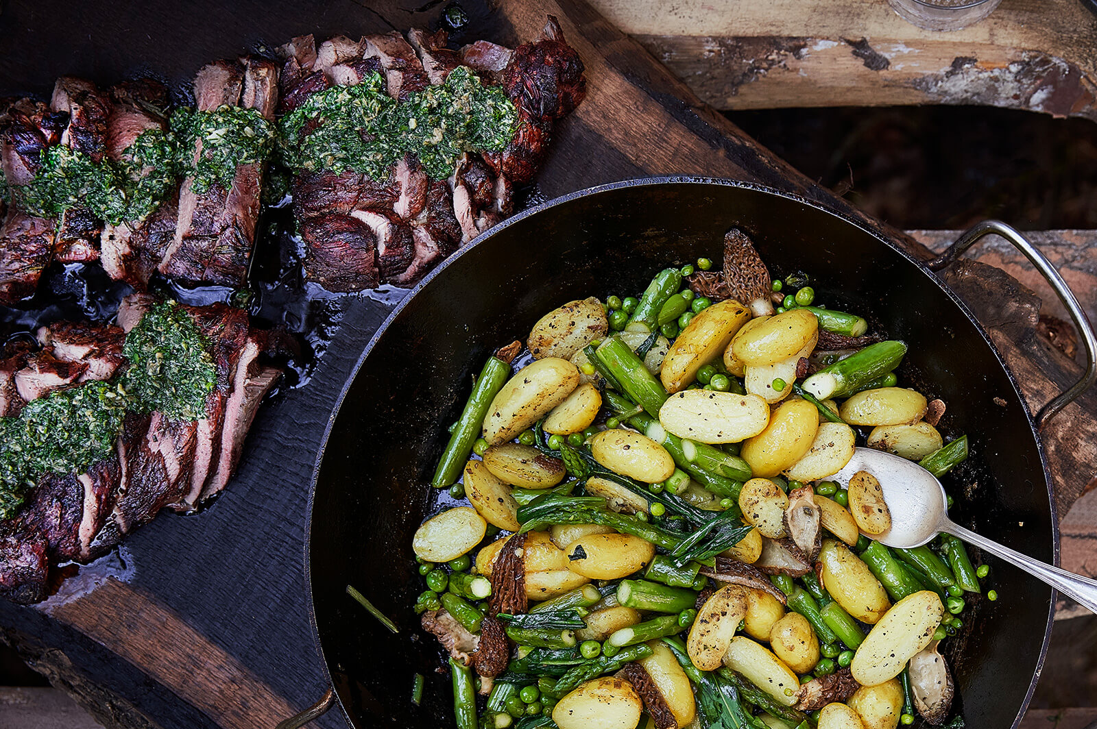 Butterflied Deer Leg With Sautéed Spring Veggies and Salsa Verde
