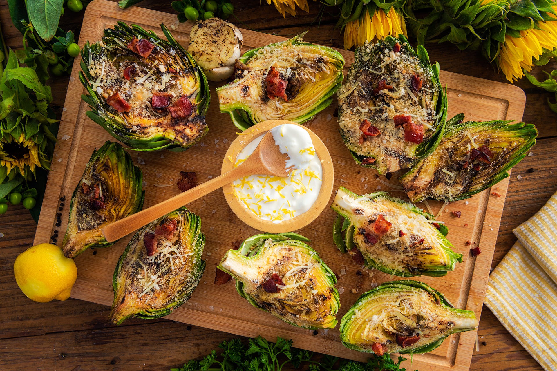 Grilled Artichokes with Bacon Breadcrumbs
