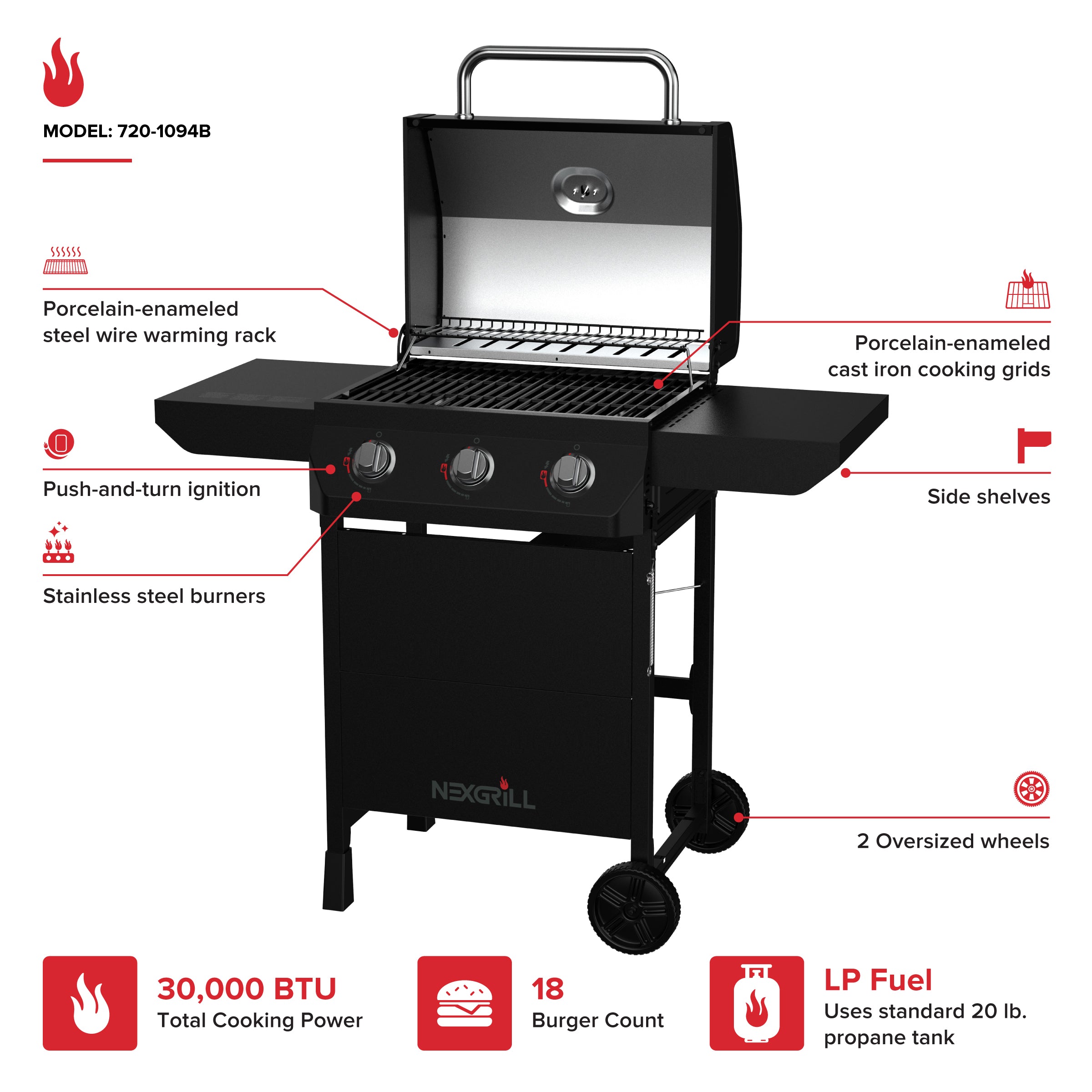 3 Burner Liquid Propane Gas Grill in Black | Nexgrill
