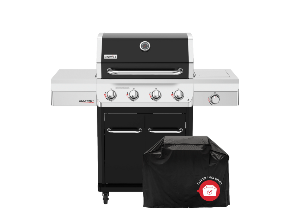 Gourmet Pro 4-Burner Gas Grill with Side Burner in Black with Cover|NX
