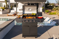 4 Burner Liquid Propane Gas Grill with Side Burner and Charcoal Tray in Black